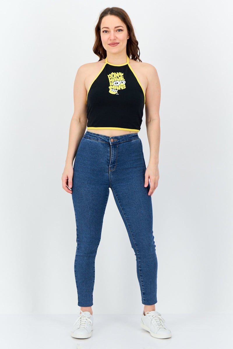 The Simpsons Women Tie Neck Sleeveless Graphic Print Crop Top, Black - Image 3